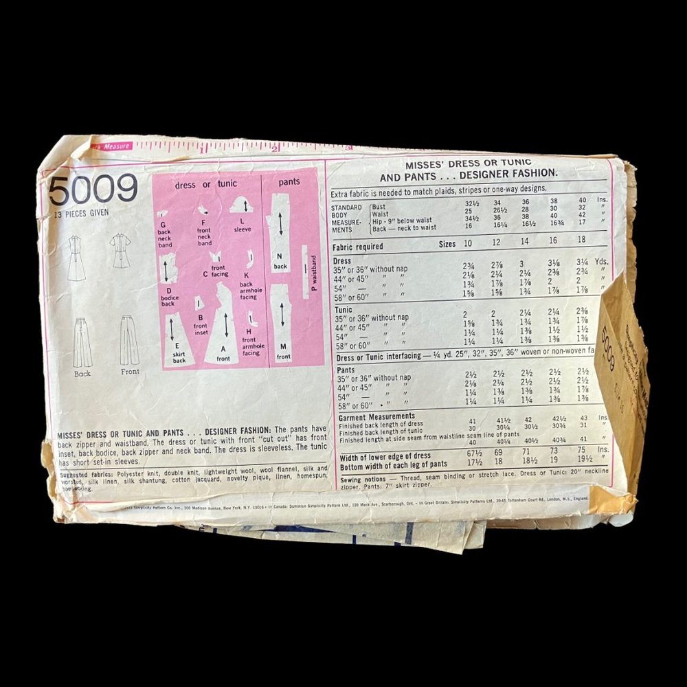 1972 Simplicity 5009 Dress Tunic Pants Sewing Pattern 38 Bust - Picture 3 of 4